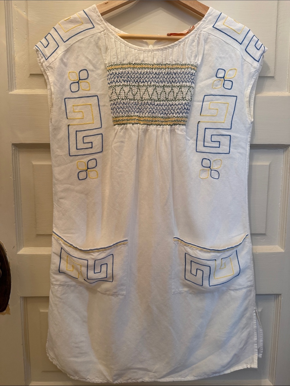 Tory Burch White Embroidered Linen Sundress with Blue & Yellow Accents